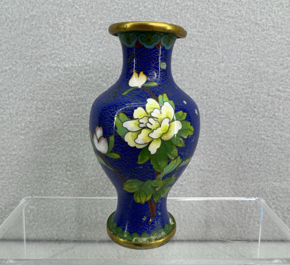 Vintage Cloisonné Style Enamel Floral Vase Blue Brass 5" Asian Decor